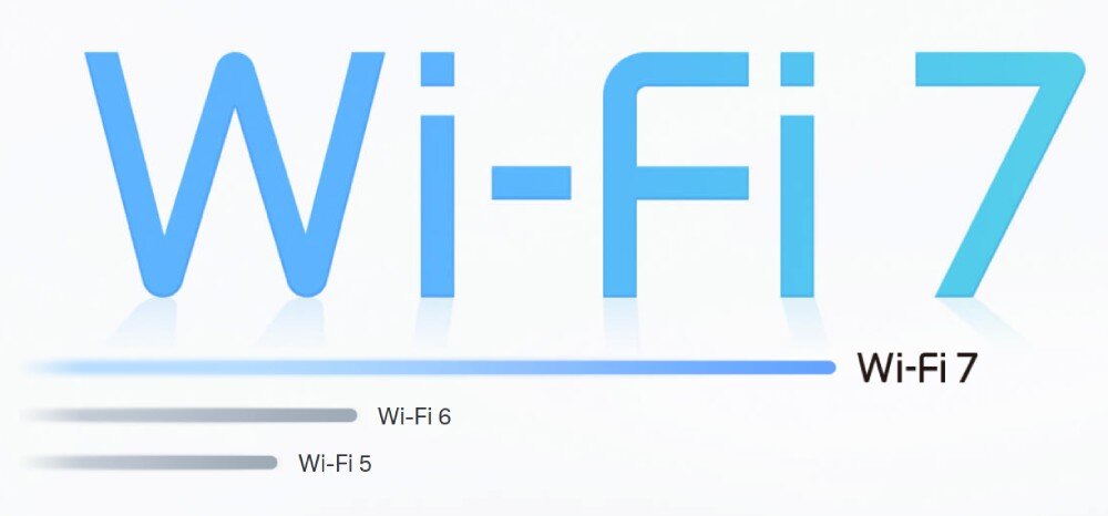 Router TP-LINK Deco BE65 Napis 'Wi-Fi 7' w jasnoniebieskim kolorze na białym tle, z porównaniem do wcześniejszych standardów Wi-Fi 6 i Wi-Fi 5 w formie stopniowanych linii, standard, przepustowość, 
