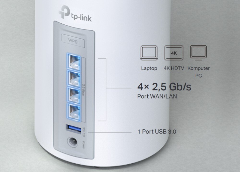 Router TP-LINK Deco BE65 Zbliżenie na tylną część urządzenia, pokazujące cztery podświetlone na niebiesko porty Ethernet 2,5 Gb/s, port USB 3.0 oraz przycisk WPS, złącza, podłączenie