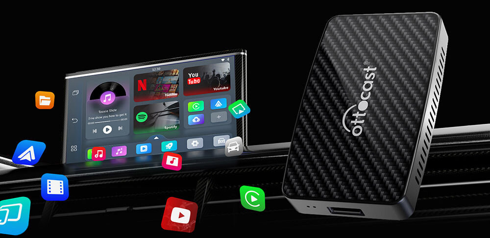 Adapter OTTOCAST Play2Video Pro CA400-S Bezprzewodowy CarPlay Android Auto Czarny Plug & Play kompatybilność z systemami Android iOS łatwa synchronizacja szybki dostęp do aplikacji na smartfonie bezprzewodowe połączenie