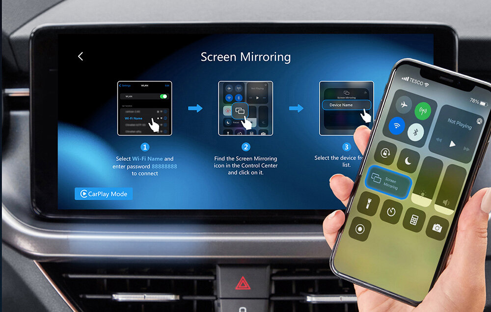 Adapter OTTOCAST MX CA360 Bezprzewodowy CarPlay Android Auto Czarny funkcja Screen Mirroring wyświetlanie obrazu z telefonu bezpośrednio na ekranie samochodowym