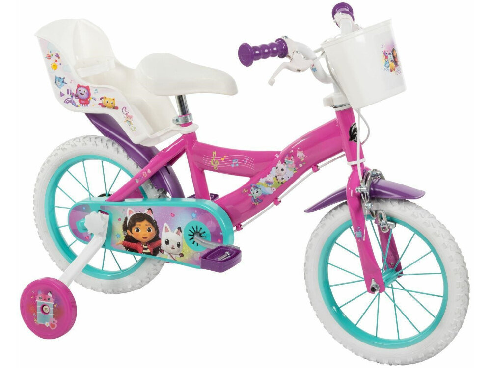 Rower dziecięcy HUFFY Koci Domek Gabi 16 cali dla dziewczynki Różowy piekny design bezpieczenstwo funkcjonalnosc radosc komfort aktywnosc na swiezym powietrzu rozowa kolorystyka motyw bohaterki Koci Domek Gabi magiczna przygoda towarzysz zabawy