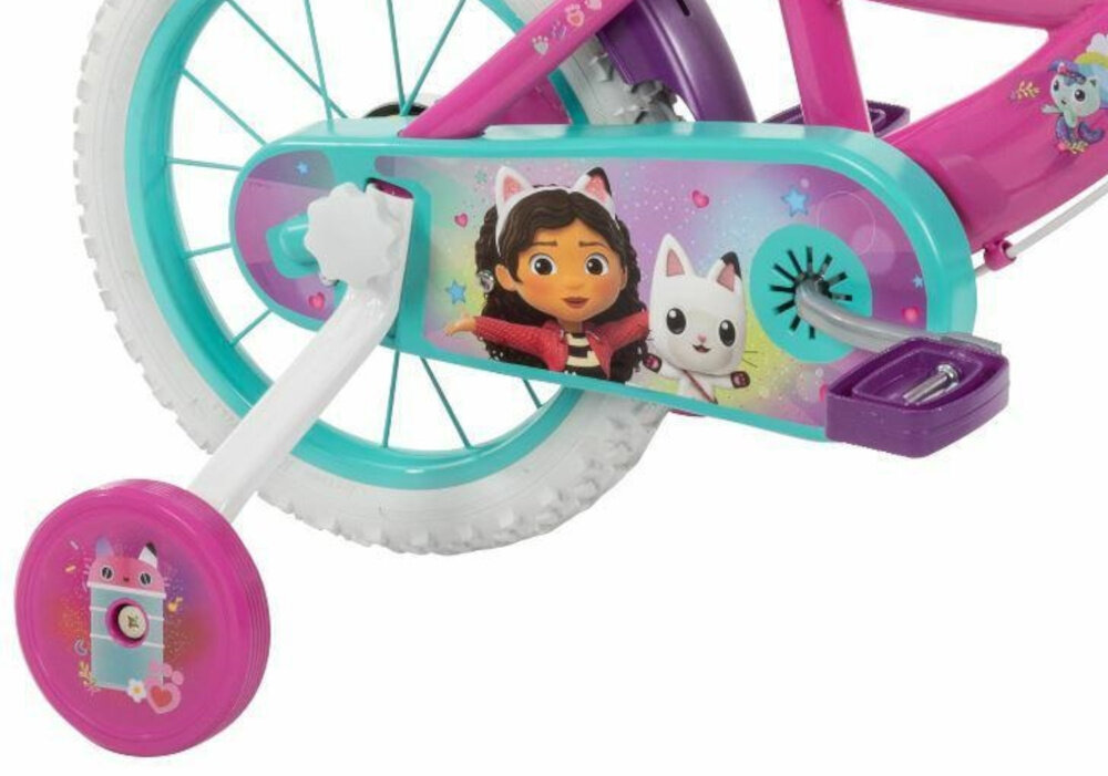 Rower dziecięcy HUFFY Koci Domek Gabi 16 cali dla dziewczynki Różowy 16-calowe kola lancuch stylowa oslona z wizerunkiem Gabi regularne sprawdzanie ciśnienia powietrza zalecana wartość na bocznej części opony