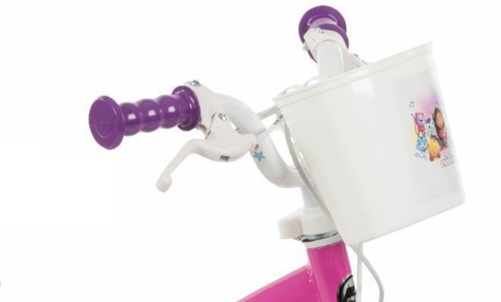 Rower dziecięcy HUFFY Koci Domek Gabi 16 cali dla dziewczynki Różowy uchwty kierownicy pokryte antyposlizgowym materialem wbuddowany koszyczek na kierownicy