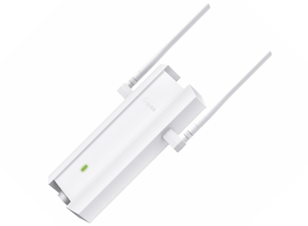 Biały punkt dostępu z dwoma antenami i zieloną diodą na obudowie. Widoczne logo TP-Link.