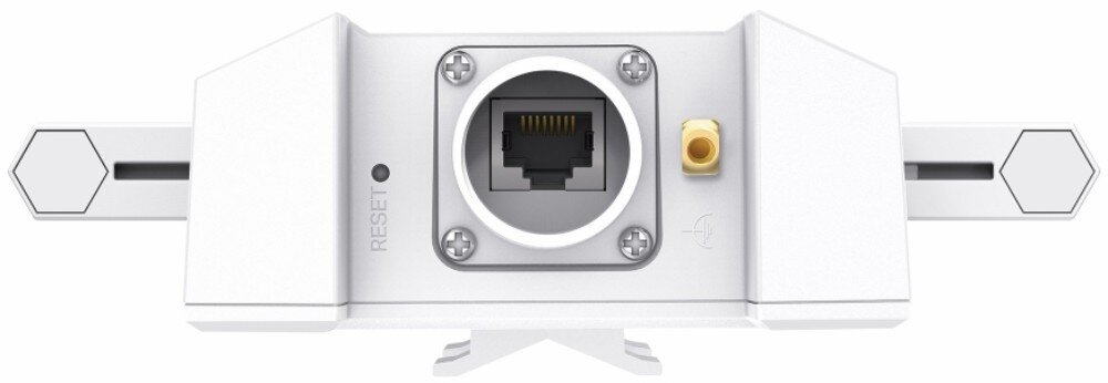 Obraz przedstawia tylną część urządzenia z portem Ethernet, przyciskiem oznaczonym jako \'RESET\' i złączem antenowym. Urządzenie ma biały kolor i sześciokątny kształt po bokach.