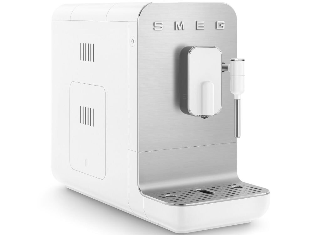 Ekspres SMEG BCC12WHMEU pojemnik na kawę 150 g zbiornik na wodę 1,4 l wygodny kilka filiżanek kawy zbiornik na fusy pojemność 7 porcji alarmy informujące zwiekszony komfort użytkowanie
