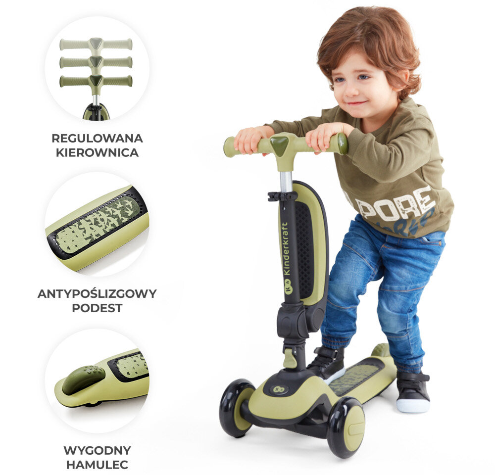 Hulajnoga dla dzieci KINDERKRAFT Halley Zielony jasne tło dziecko pochyla się na hulajnodze obok trzy zdjęcia ze zbliżeniem na uchwyty kierownicy podest i kółka przednie przetestowana zgodnie z europejskimi normami EN 71-1, EN 71-2 oraz EN 71-3 certyfikat Intertek spełnienie rygorystycznych standardów jakości sprzętu sprawdzonego pod kątem bezpieczeństwa dopuszczonego do użytkowania na rynku europejskim