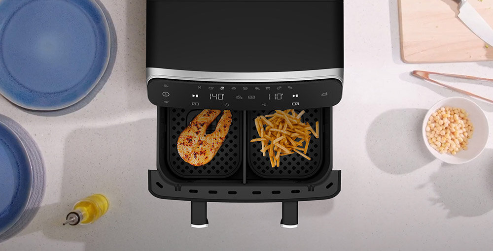 Frytkownica beztłuszczowa BEKO ExpertFry FRL 6488 Air Fryer zdjęcie od góry wyświetlacz przyciski dwie komory w jednej ryba w drugiej frytki łatwe przygotowywanie posiłków technologia ExpertFry dwie niezależne komory dwa różne dania jednocześnie pojemność każdej komory 4,75 l łącznie 9,5 l na rodzinne obiady i większe spotkania na co dzień w wyjątkowych okazjach wygoda wszechstronność