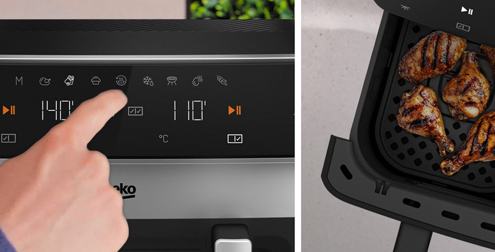 Frytkownica beztłuszczowa BEKO ExpertFry FRL 6488 Air Fryer wyświetlacz osoba naciska przycisk na drugim zdjęciu wypieczone mięso w koszu Intuicyjny ekran dotykowy obsługa to czysta przyjemność 9 gotowych programów drób owoce morza warzywa wypieki podgrzanie rozmrożenie wysuszenie zgrillowanie tryb manualny swoboda kulinarne eksperymenty