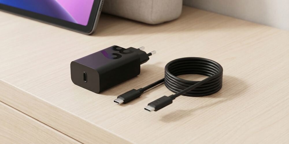LENOVO ZG38C05739 68 W - ładowarka z kablem na blacie obok tabletu