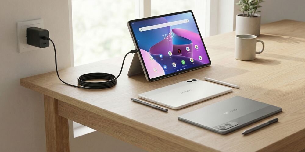 LENOVO ZG38C05739 68 W układu GaN wysokiej mocy (68 W) kompaktowych wymiarach (58 x 42 x 28 mm) - ładowarka podłączona do tabletu