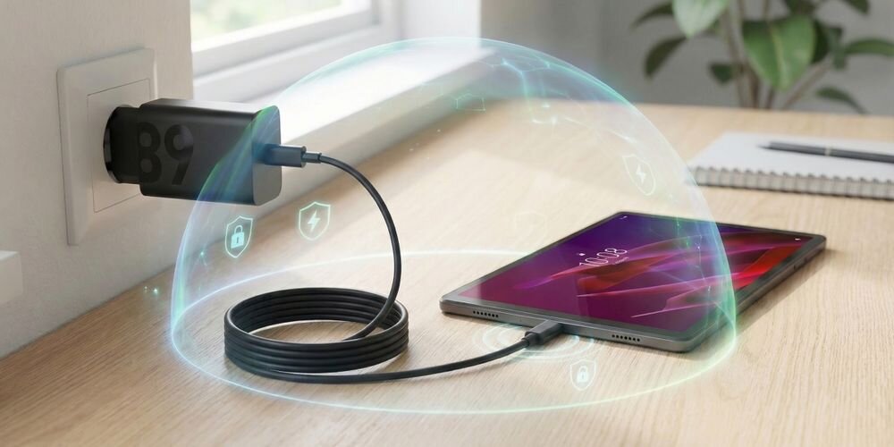 LENOVO ZG38C05739 68 W zabezpieczenia chroniące przed przeciążeniem, przepięciem i zwarciem bezpieczne zasilanie - ładowarka podłączona do tebletu z symbolem ochrony tarczą