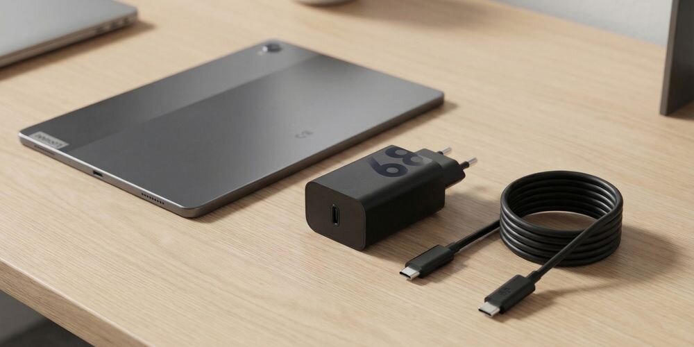 LENOVO ZG38C05739 68 W kompatybilna ze wszystkimi tabletami Lenovo urządzeń Lenovo - ładowarka z kablem usb-c/usb-c obok tabletu