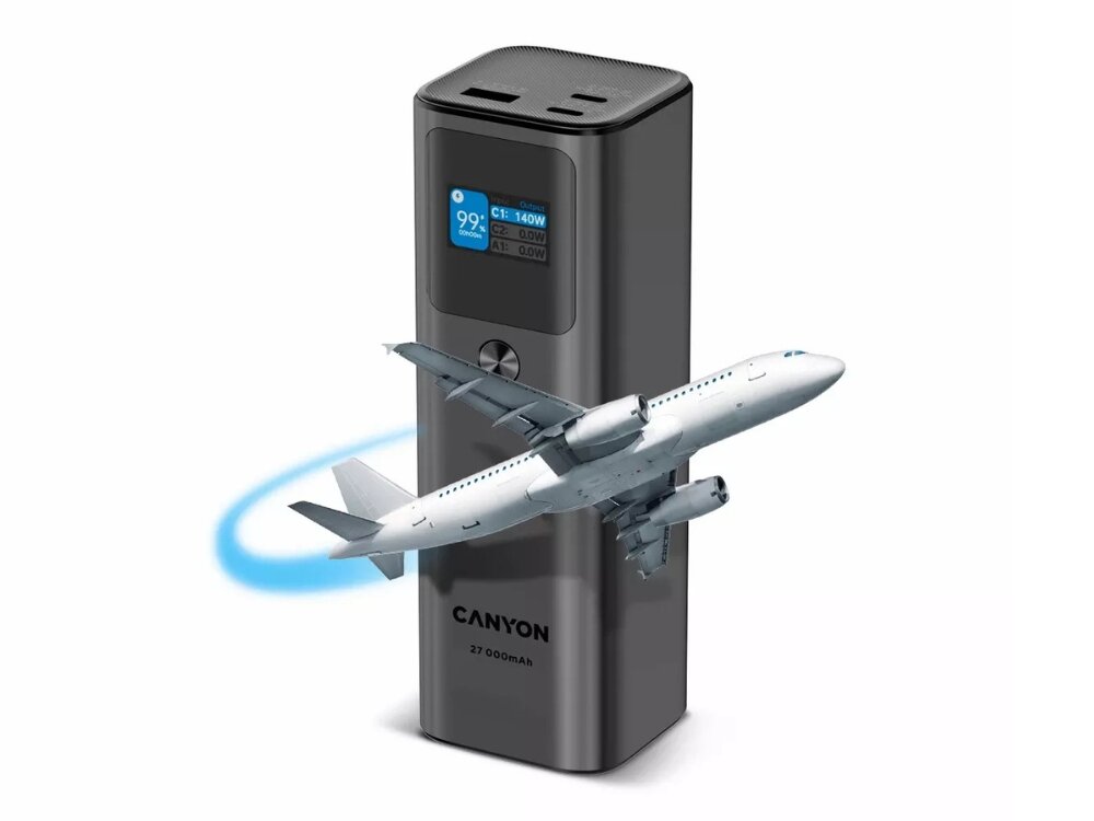 Powerbank CANYON PB-2010 27000 mAh 140W Ciemnoszary poklad samolot pojemnosc linie lotnicze