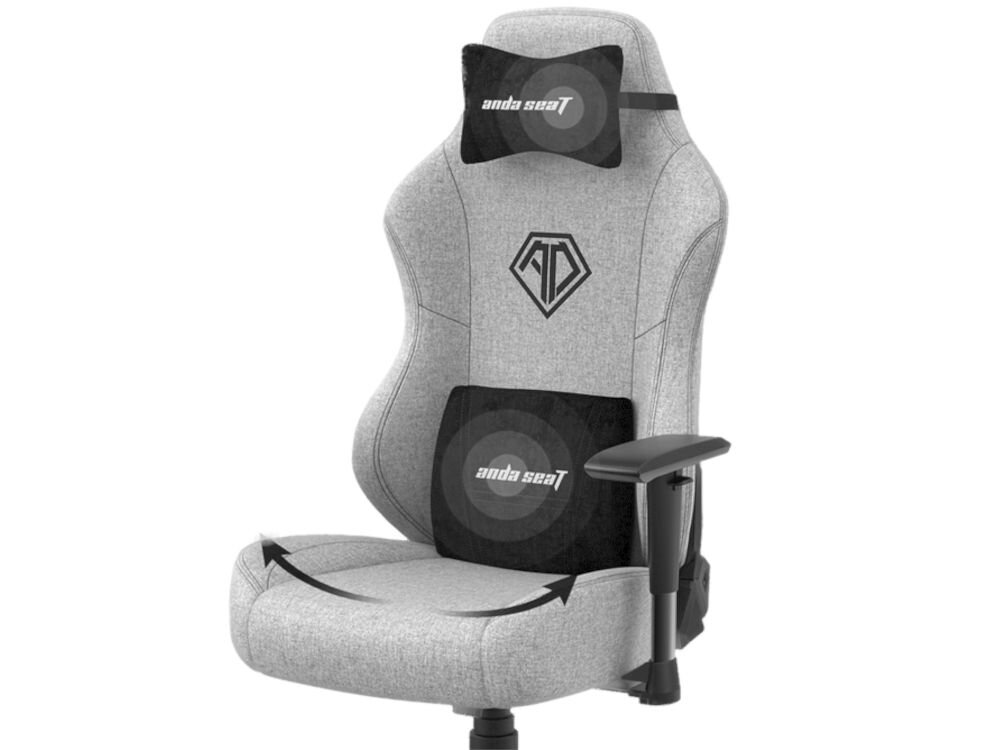 Fotel ANDA SEAT Phantom 3 L Czarny prezentacja fotela i jego ergonomicznych dodatków na białym tle poduszka na szyję Memory Foam łagodzi napięcie dopasowanie do wzrostu poduszka lędźwiowa wsparcie kręgosłupa utrzymanie zdrowej postawy