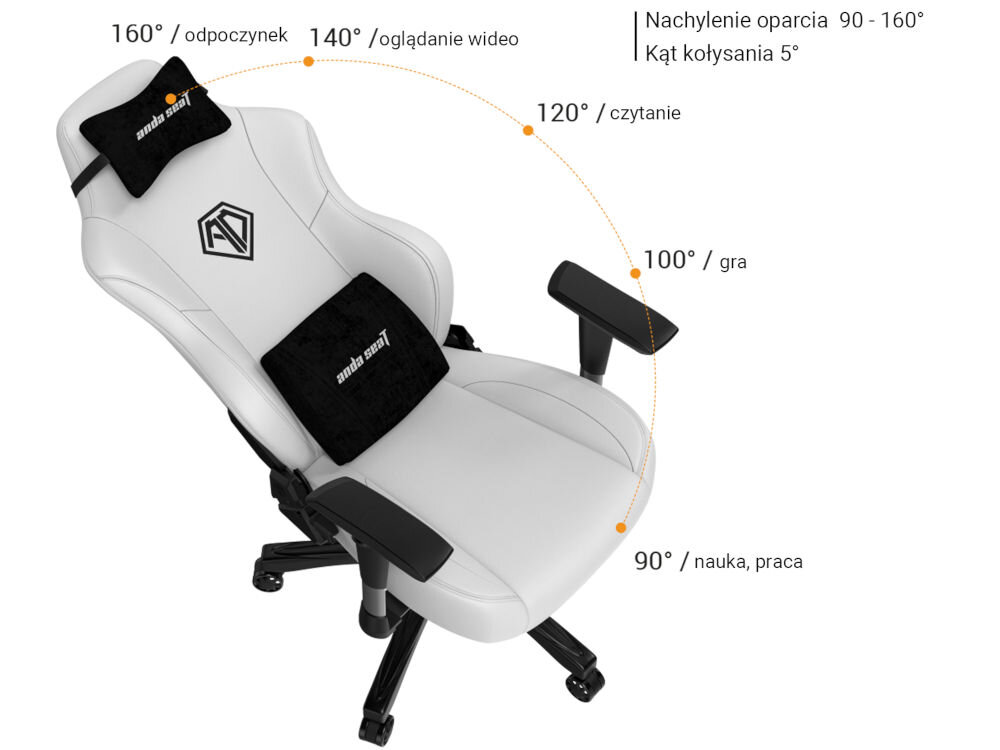Fotel ANDA SEAT Phantom 3 L Czarny prezentacja fotela i jego zakresu regulacji na białym tle 160° odpoczynek 140° oglądanie wideo 120° czytanie 100° gra 90° nauka/praca regulacja oparcia od 90° do 160° praca relaks mechanizm bujania zakres 5° dobrze wpływa na krążenie