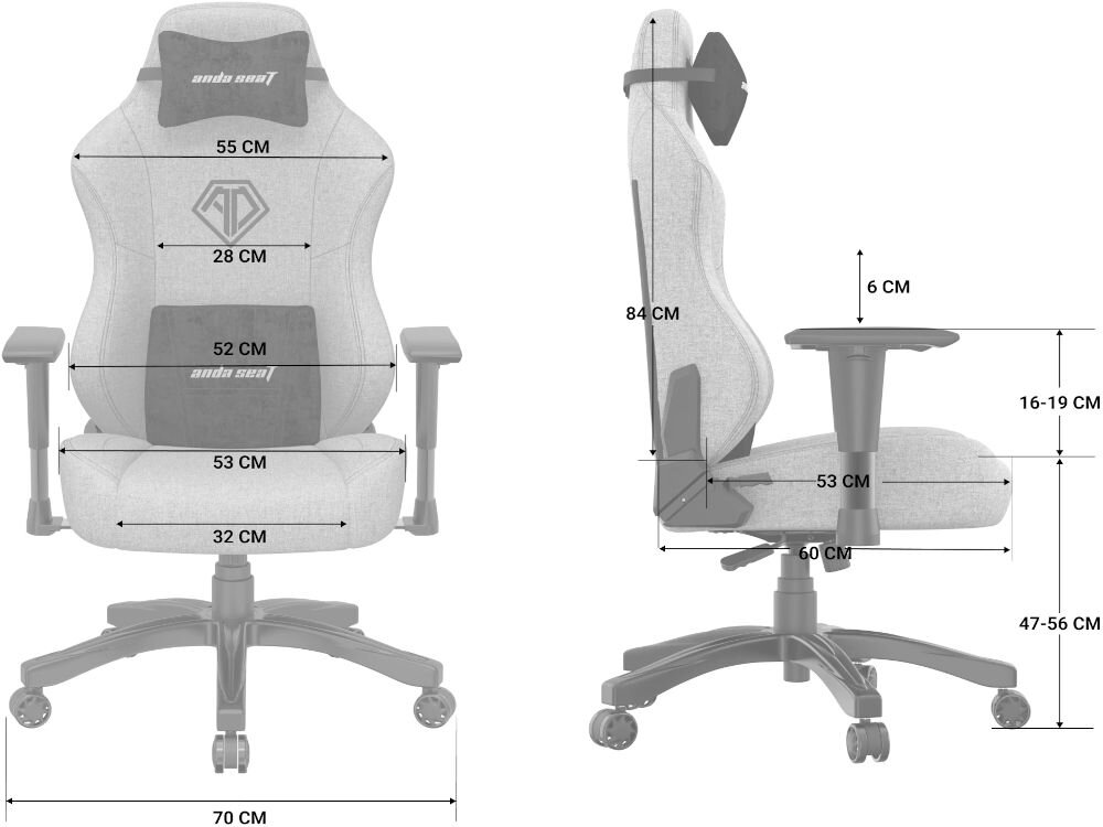 Fotel ANDA SEAT Phantom 3 L Czarny prezentacja fotela od przodu i boku oraz jego wymiarów na białym tle oparcie o wysokości 84 cm szerokie siedzisko 53 cm regulacja wysokości od 47 do 56 cm regulowane podłokietniki 16–19 cm podstawa średnica 60 cm komfort i wsparcie