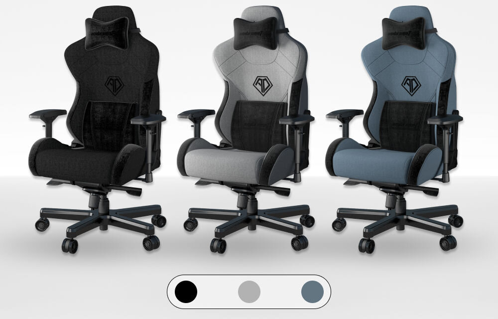 Fotel ANDA SEAT T-Pro 2 XL Niebiesko-czarny prezentacja fotela w trzech wersjach kolorystycznych naturalna tkanina lniana pokój gracza profesjonalne biuro stylowy design wysoka jakość