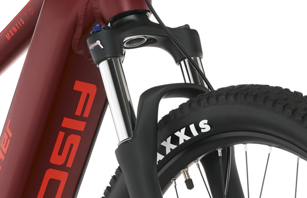 Rower elektryczny FISCHER Montis 7.0i M18 29 cali męski Purpurowy plynna komfortowa jazda przedni widelec SR Suntour XCM32 100 mm amortyzuje wstrzasy niska masa roweru duza sztywnosc regulacja