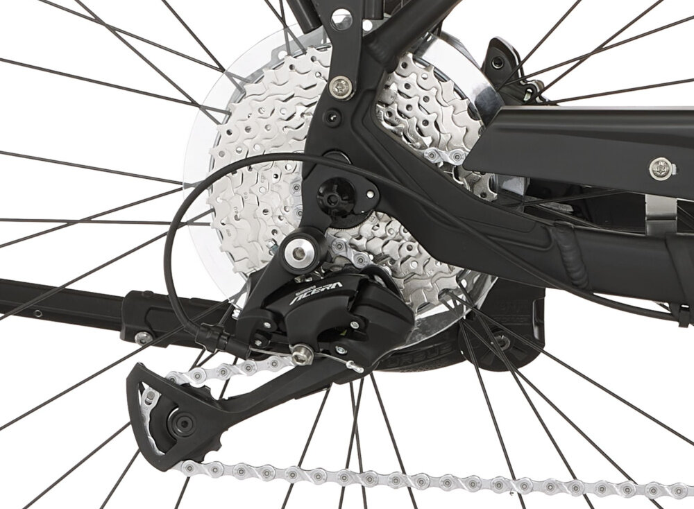 Rower elektryczny FISCHER Viator 4.2i D18 28 cali damski Czarny przedni widelec SR Suntour NEX E26 amortyzacja wstrzasow siodelko trekkingowe z amortyzowana sztyca regulacja kierownicy przerzutki SHIMANO Acera dziwiec zebatek przy tylnym kole