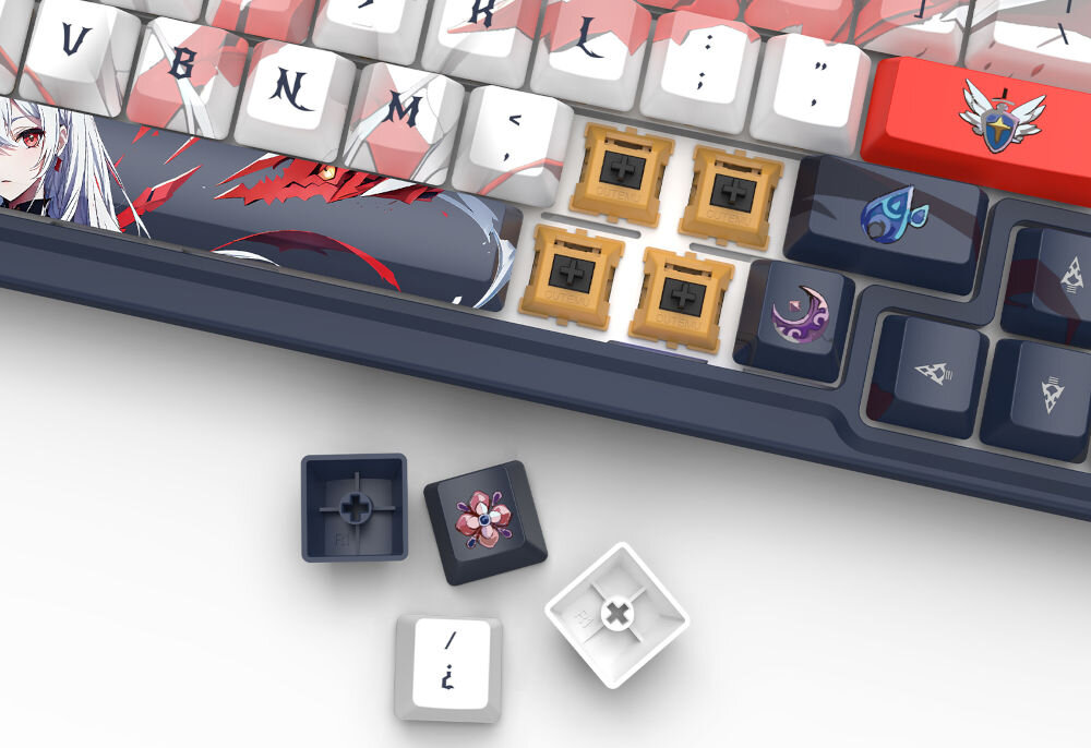 Klawiatura REDRAGON K686AK-RGB-PRO EISA
komfort pisania i grania,
fabrycznie smarowanym, liniowym przełącznikom mechanicznym, płynne działanie, szybka odpowiedź na każde naciśnięcie klawisza,
produkt na białym tle z czterema wyciągniętymi nakładkami klawiszy, widoczne przełączniki