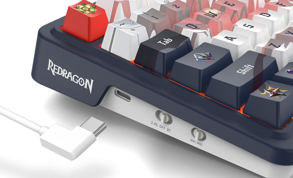 Klawiatura REDRAGON K686AK-RGB-PRO EISA wszechstronność połączeń dzięki trzem różnym trybom
połączenia - tryb bezprzewodowy 2,4 GHz, Bluetooth, przewodowy za pomocą odłączanego kabla USB-A / USB-C o długości 1,5 m
(przewód w zestawie)
wbudowany akumulator o pojemności 3000 mAh oferujący do kilku dni pracy bez potrzeby ładowania, produkt na białym tle,
kabel zakończony wtyczką USB-C, przełączniki trybów pracy