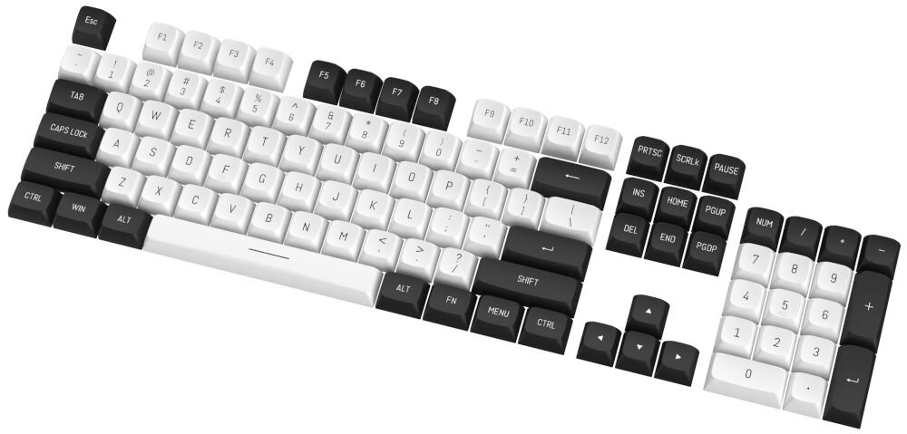 Klawisze REDRAGON A132 PBT Doubleshot minimalny design funkcjonalność dwukolorowa estetyka w odcieniach czerni i bieli prosty kontrastowy wzór