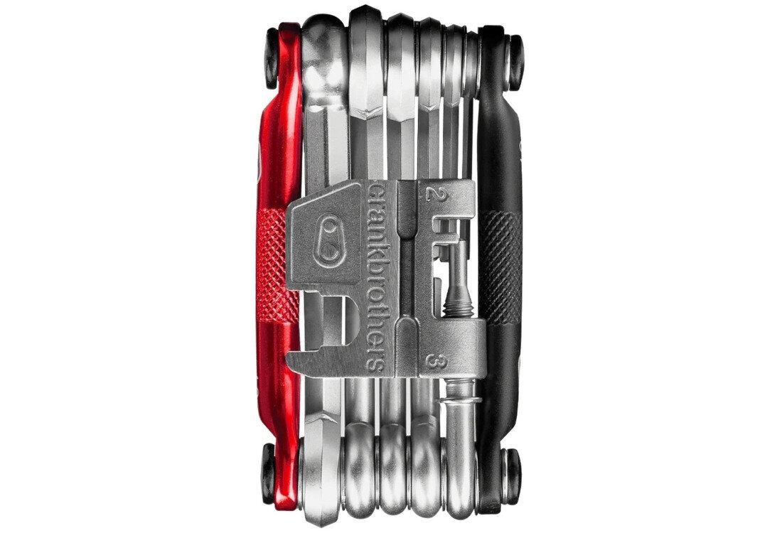 Klucz rowerowy CRANKBROTHERS M17 Czarno-czerwony Szeroki zakres funkcji wersja kolor kolorystyka 17 funkcji lekki waga aluminium stal długość łatwe przenoszenie wygodne użytkowanie