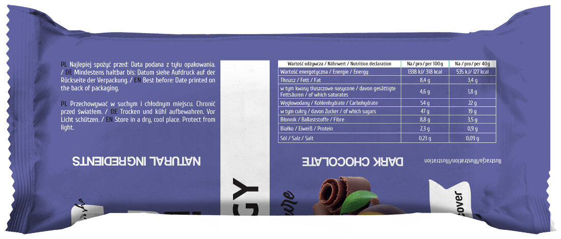 Baton węglowodanowy BERAW Energy Śliwkowy (15 x 40 g) wartości odżywcze kcal energia przekąska zawartość węglowodanów ilość tłuszczów Zawartość soli
