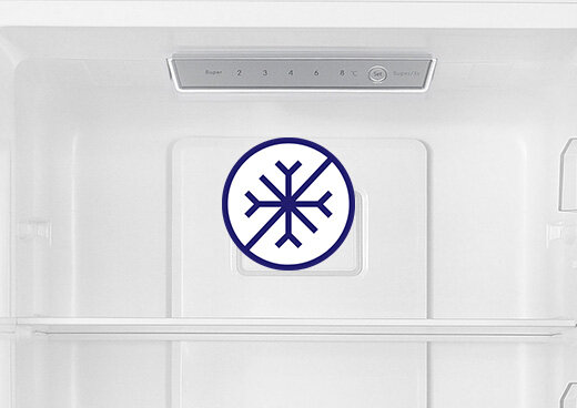 Zbliżenie na wnętrze lodówki MPM-230-FF-53. Ikona przekreślonego płatka śniegu.