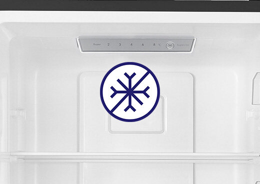 Zbliżenie na wnętrze lodówki MPM-230-FF-54. Ikona przekreślonego płatka śniegu.