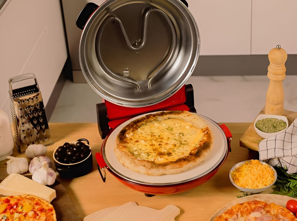 Piec do pizzy CECOTEC Fun Pizza&Co Mamma Mia średnica 32 cm Czerwony równomierne pieczenie dolne górne elementy grzewcze równomiernie rozprowadzane ciepło chrupiaca skórka miękkie wnętrze doskonałe wrażenia smakowe
