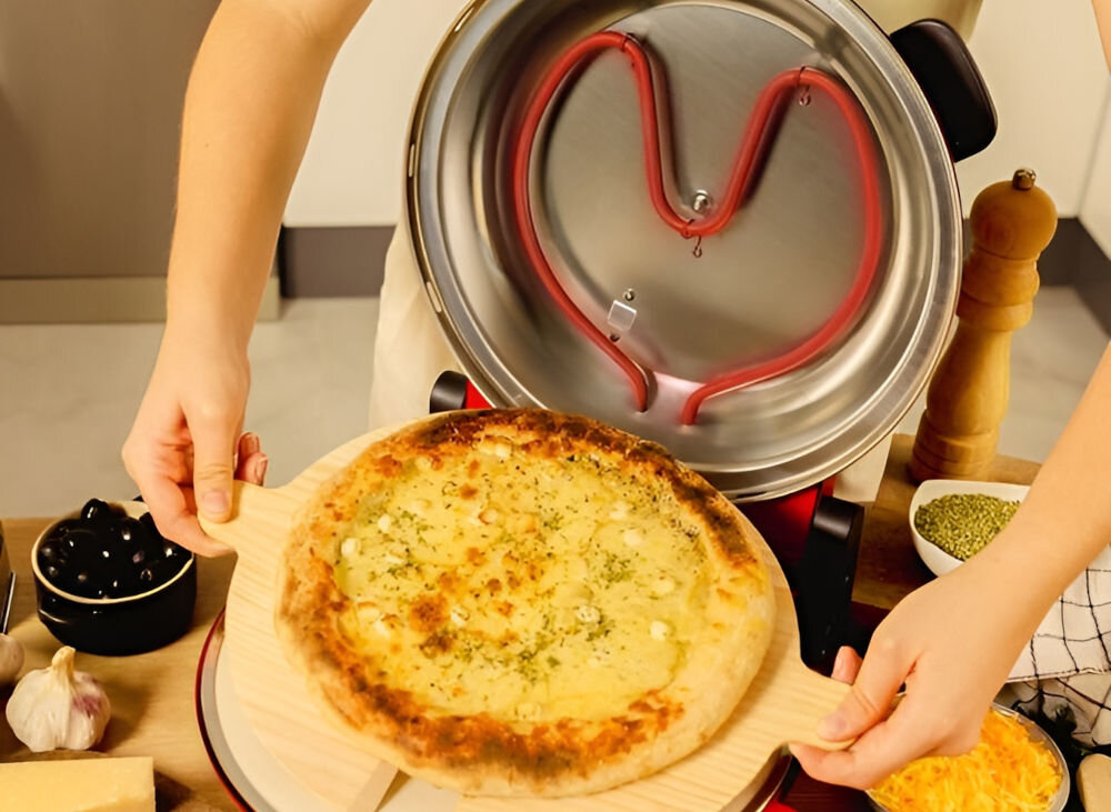Piec do pizzy CECOTEC Fun Pizza&Co Mamma Mia średnica 32 cm Czerwony ceramiczne płyty grzewcze odwzorowanie smaku płyty na kamieniu ceramiczne elementy niepowtarzalne tekstury i smak