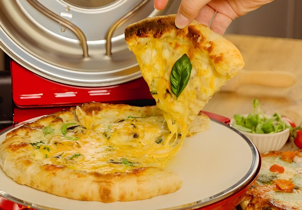 Piec do pizzy CECOTEC Fun Pizza&Co Mamma Mia Vista średnica 32 cm Czerwony maksymalna temperatura 420 stopni zalediwe 3 minuty efektywne urządzenie szybka prędkość nagrzewania gorąca pizza do wypieku pizzy wysoka temperatura ulubione dania