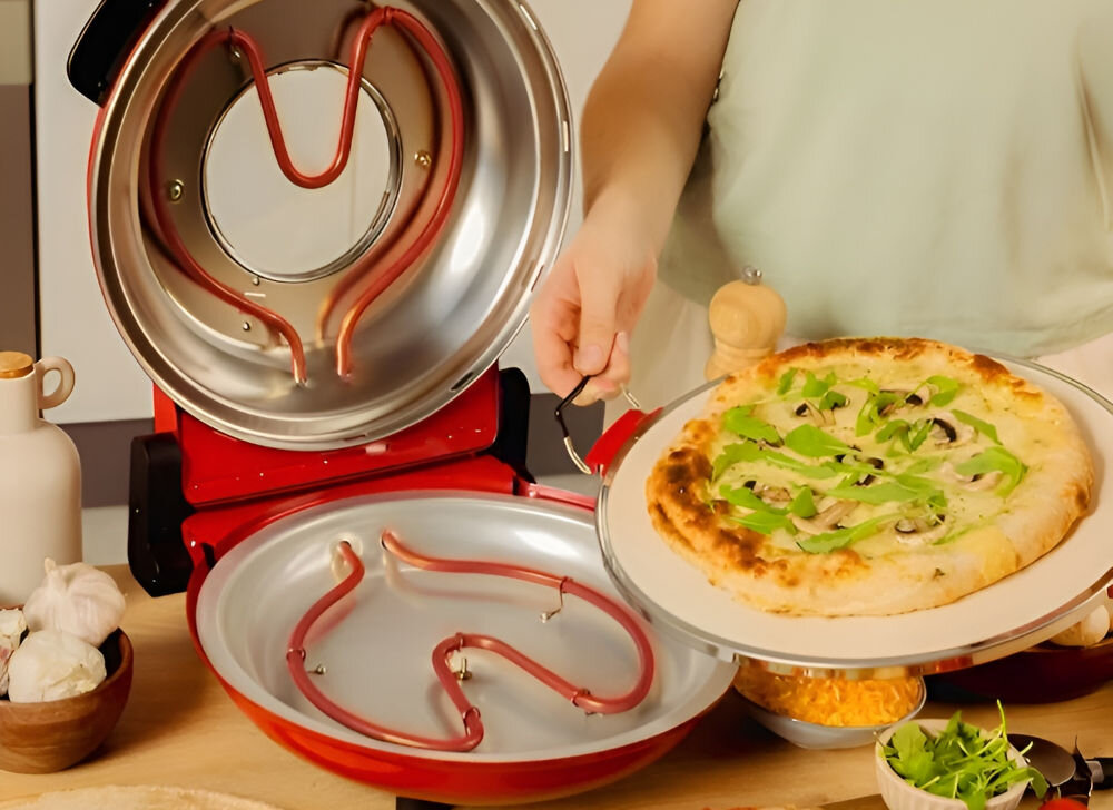 Piec do pizzy CECOTEC Fun Pizza&Co Mamma Mia Vista średnica 32 cm Czerwonygórne dolne elemnty grzewcze równomierne rozprowadzenie ciepła praktyczne rozwiązanie równomierne pieczenie idealnie chrupkie na zewnątrz delikatnie puszyste w środku równomierne pieczenie