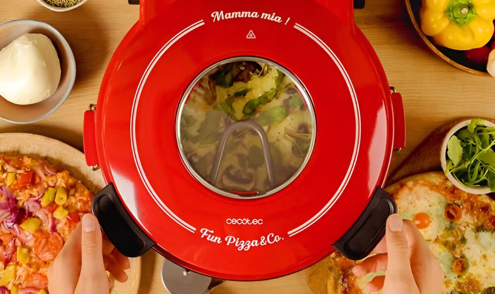 Piec do pizzy CECOTEC Fun Pizza&Co Mamma Mia Vista średnica 32 cm Czerwony bezpieczeństwo komfort chłodny w dotyku uchwyt bezpieczne otwieranie i zamykanie wbudowana kontrolka zasilania funkcjonalny piec