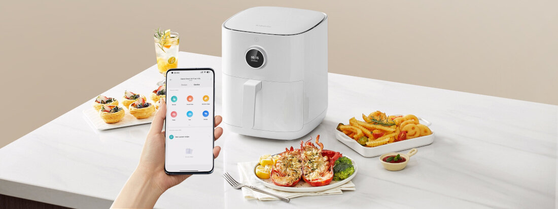 Frytkownica beztłuszczowa XIAOMI Smart MAF14 Air Fryer (Wi-Fi) ekran dotykowy łatwy dostęp Aplikacja Mi Home Xiaomi Home zdalne uruchamianie monitorowanie proces gotowanie przepisów przekąski dania