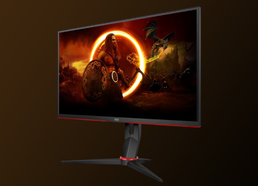 Monitor AOC 27G2ZN3/BK Monitor z włączonym ekranem, na którym widać postać wojownika z tarczą i toporem na tle ognistego pierścienia i lecącego smoka, opis