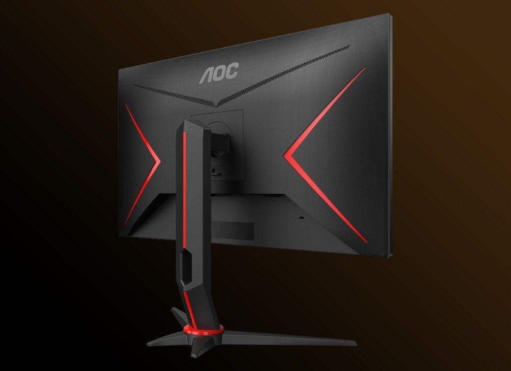Monitor AOC 27G2ZN3/BK Tylna część obudowy monitora z czerwonymi detalami i uchwytem na ramieniu regulacyjnym, porty, złącza, podłaczenie, mocowanie VESA