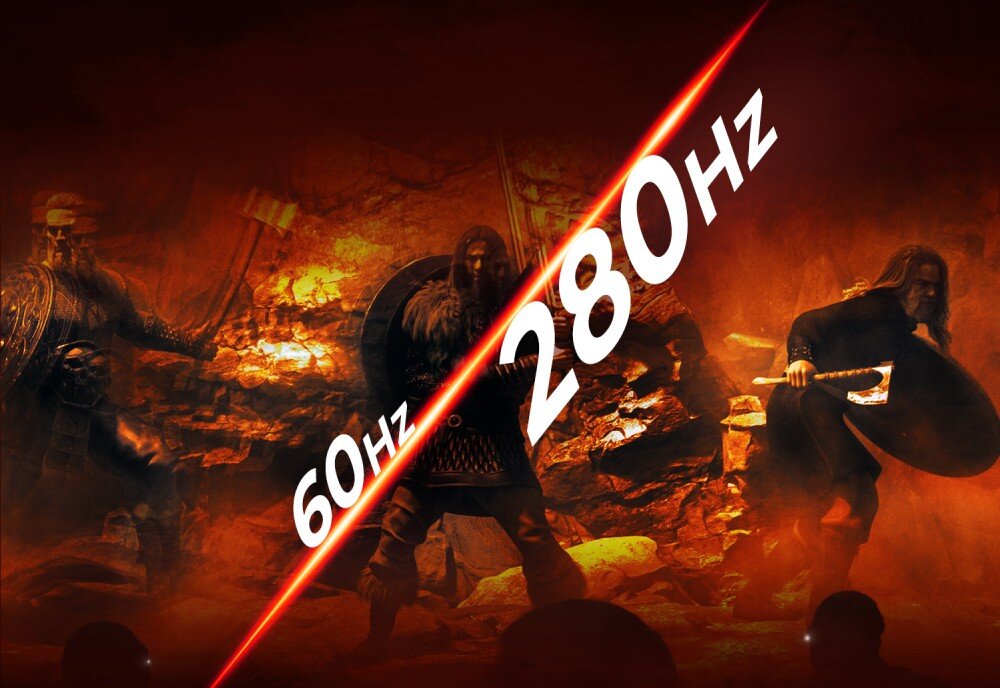 Monitor AOC 27G2ZN3/BK Porównanie dwóch obrazów przedstawiających wojowników – po lewej stronie rozmazany przy 60 Hz, po prawej wyraźny przy 280 Hz, odświeżanie, płynność, czas reakcji, szybkość