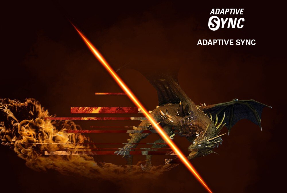 Monitor AOC 27G2ZN3/BK Smok lecący w ogniu, przecięty pośrodku linią; po lewej stronie obraz z artefaktami, po prawej płynny dzięki technologii 'Adaptive Sync', synchronizacja, Adaptive Sync