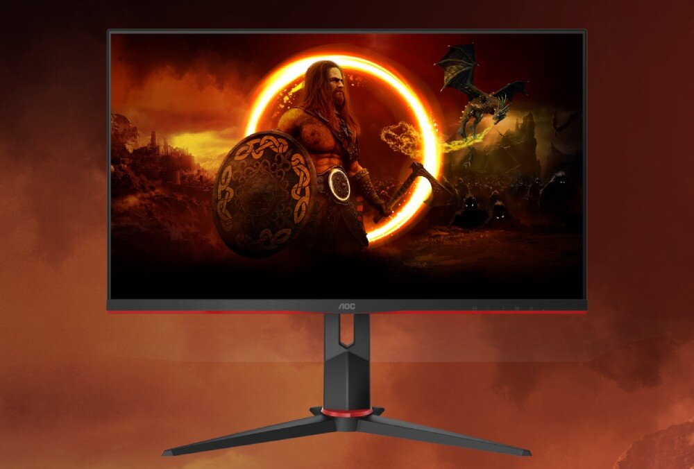 Monitor AOC 27G2ZN3/BK Monitor stojący na wprost, na ekranie postać wojownika z ognistym pierścieniem i smokiem w tle, matryca, kontrast, rozdzielczość, przekątna, HDR10