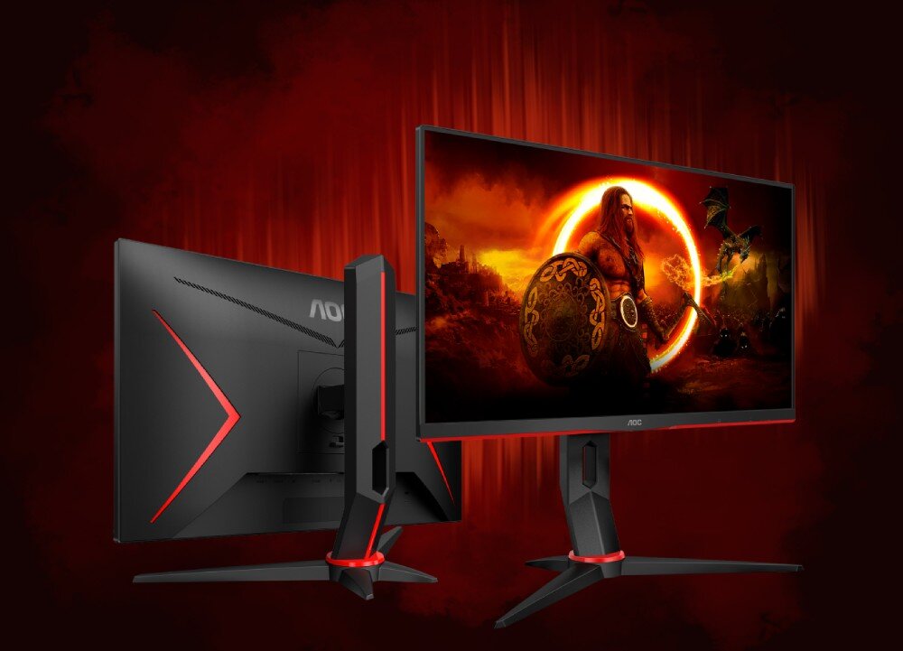 Monitor AOC 27G2ZN3/BK Dwa monitory – jeden pokazany od frontu, drugi od tyłu; oba wyświetlają tę samą scenę z wojownikiem i smokiem, podstawa, regulacja, ergonomia