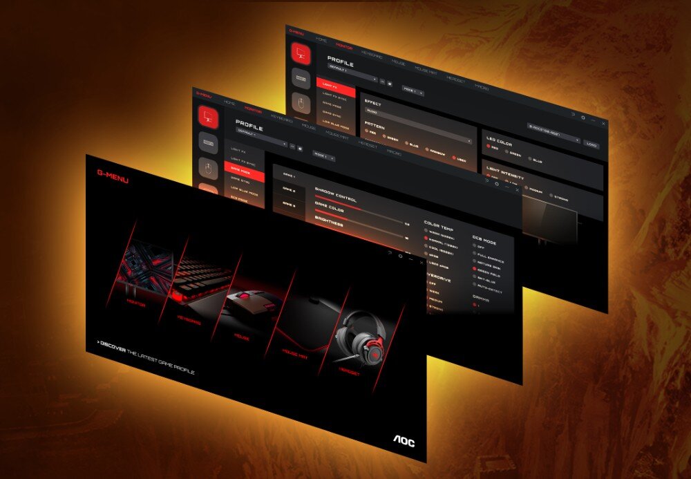 Monitor AOC 27G2ZN3/BK Zrzuty ekranu z aplikacji 'G-Menu' pokazujące różne opcje konfiguracji monitora i profili gier, tryby obrazu, profile, aplikacja