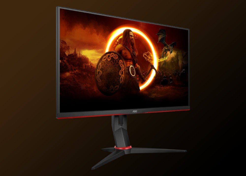 Monitor AOC 27G2ZN3/BK Monitor ustawiony pod kątem, z widocznym ekranem i grafiką wojownika z pierścieniem ognia, ochrona wzroku, matowa powłoka, migotanie, niebieskie światło