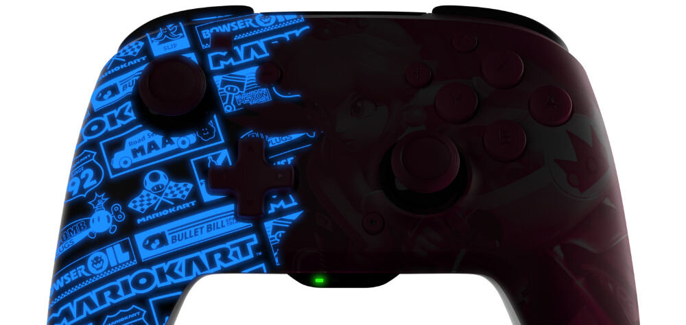 Kontroler PDP Rematch Grand Prix Peach Glow in the Dark Czarno-różowy prezentacja kontrolera od przodu świecącego w ciemności na białym tle Nintendo Switch bezprzewodowa wersja osiągi styl