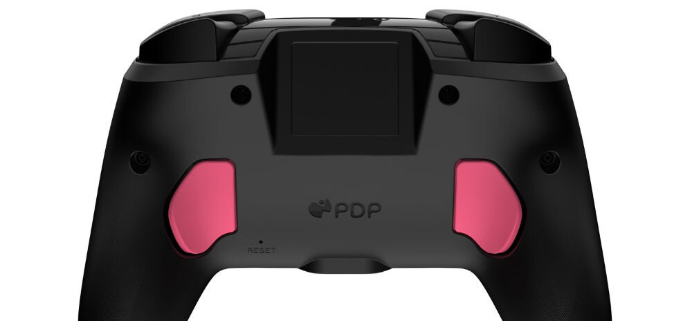 Kontroler PDP Rematch Grand Prix Peach Glow in the Dark Czarno-różowy prezentacja pada od tyłu na białym tle dwa programowalne tylne przyciski przypisanie funkcji szybka reakcja zoptymalizowanie sterowania pod własne potrzeby