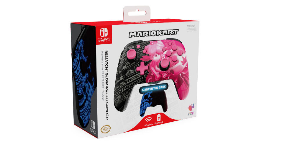 Kontroler PDP Rematch Grand Prix Peach Glow in the Dark Czarno-różowy prezentacja kontrolera w opakowaniu na białym tle Nintendo Switch Switch OLED Switch Lite kompatybilny z ekosystemem Nintendo funkcjonalność oficjalna licencja jakość design