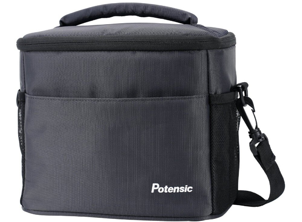 Torba POTENSIC do Atom/Atom SE Szara prostokątna torba na ramię z uchwytem u góry, bocznymi kieszeniami z siatki oraz białym logo producenta w prawym dolnym rogu frontu