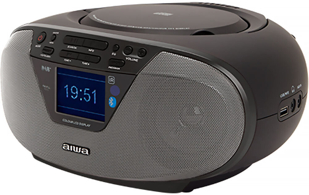 Radioodtwarzacz AIWA BBTU-500DAB odtwarzacz CD z górnym ładowaniem i pamięcią programów, Radioodtwarzacz po skosie na białym tle